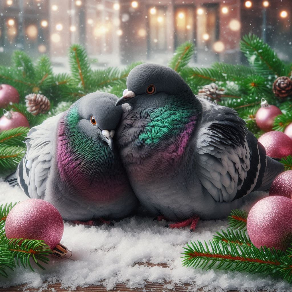 zwei-stadttauben-aneinandergekuschelt-weihnachtlicher-hintergrund-und-vorne-mit-rosa-kugeln-und-ta